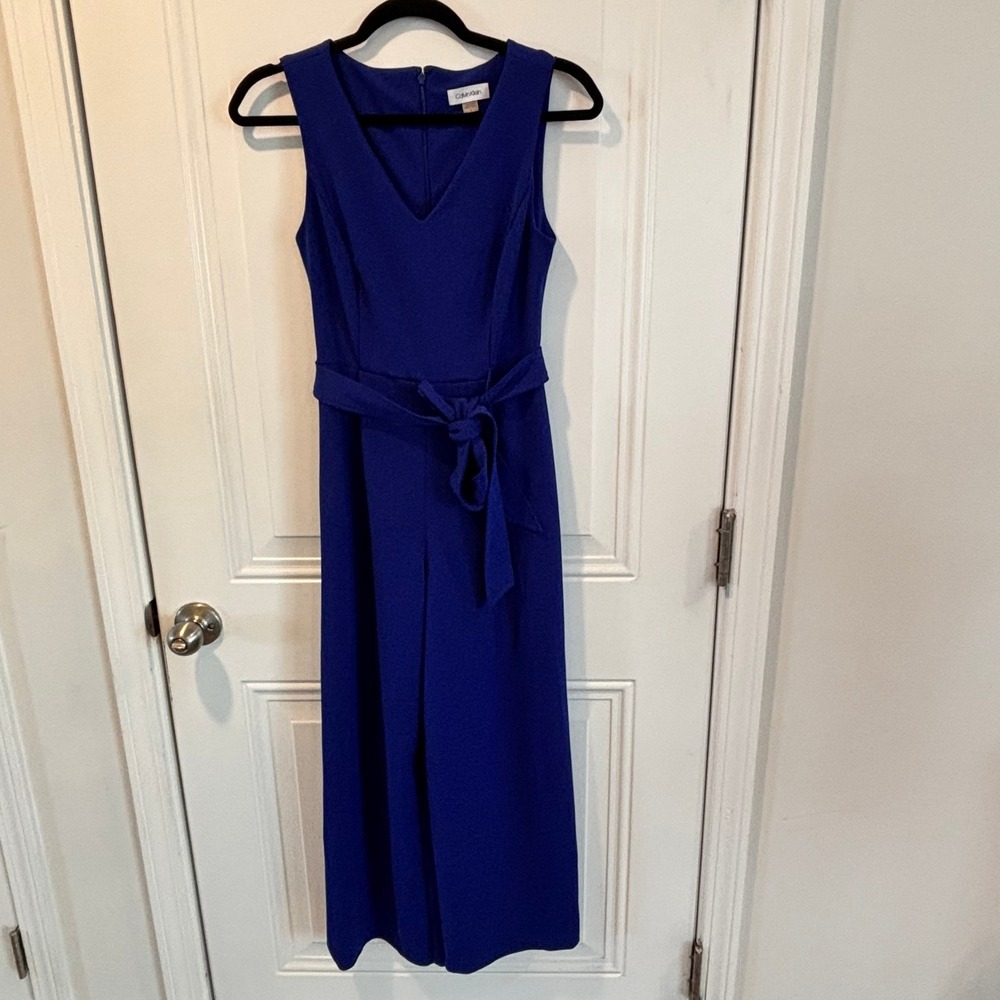 Calvin Klein Women Jumpsuit 2 Blue Sleeveless V-Neck Tie Waist Wide Leg Pockets